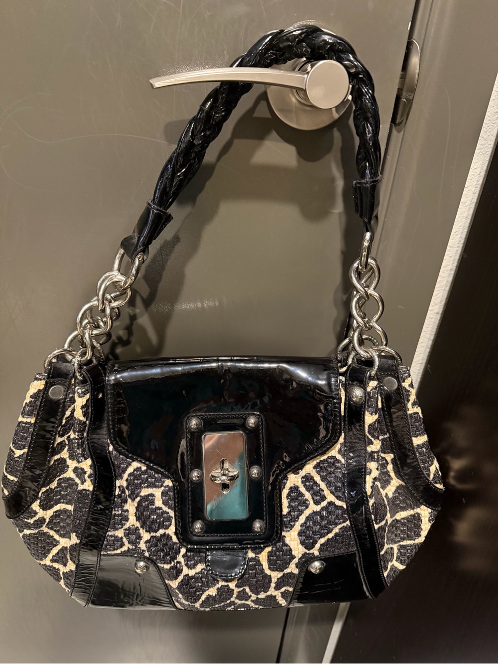 Stuart Weitzman Black and Cream Leopard-Print Shoulder Bag with Chain Strap